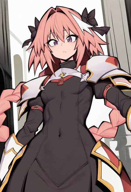 masterpiece, best quality, very aesthetic, high resolution, ultra-detailed, absurdres, newest, extremely detailed eyes, beautiful, perfect lighting, hi res, amazing quality, very awa, Brightly Lit, Highly Visible, 8k, sharp focus, beautiful, perfect lighting, volumetric lighting, scenery, painting_(artwork), INKTA_ST, 1girl, Astolfo, armor, fantasy, navel focuss, black dress