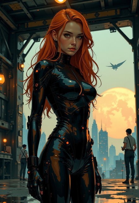 A captivating fullbody photo of a stunning young woman with long, fiery ginger hair that flows elegantly down her shoulders, enhanced by delicate freckles scattered across her flawless, fair skin. Her mesmerizing grey eyes draw the viewer in, reflecting a subtle mix of intrigue and strength. (((She is adorned in a sleek, futuristic sci-fi spacesuit inspired by Evangelion's mecha designs:1))), crafted from glossy, form-fitting metal that accentuates her curves and adds a high-tech, avant-garde flair. She is standing in a hangar on a dropship - in the background is a burning planet seen from the open bay-doors.
The lighting is meticulously arranged, with a bright source from the right casting a dramatic rim light that highlights the contours of her face and the intricate details of her suit. Hard shadows add depth and intensity, emphasizing her ethereal beauty and confident demeanor. The dark background with strange futuristic machines further enhances her radiant presence, creating a striking contrast that focuses all attention on her. This ultra-detailed photo captures the perfect blend of softness and strength, merging futuristic style with timeless allure. Midshot photo from head to her knees.