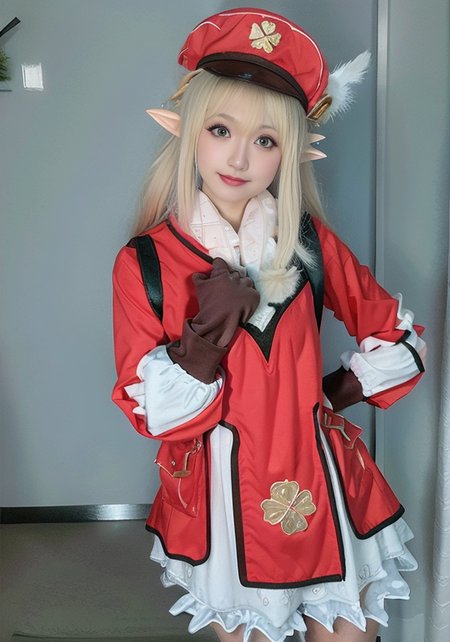 (masterpiece, best quality),detailed,  pointy_ears, hat, blurry_background, solo, blurry, 1girl, blonde_hair, hat_feather, elf, photo_\(medium\), gloves, klee_\(genshin_impact\), backpack, realistic, bag, depth_of_field, red_headwear,mittens,upper body,selfiemirror,(((arm around back))),