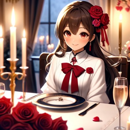 ValentinesDateSDXL,1girl,solo,long hair,cute face,(((whole upper body))),(((Whole head in frame))), (((whole face in frame))), uneven hairline, thick hair,flooking at viewer,blush,smile,bangs,brown hair,shirt,ribbon,jewelry,sitting,jacket,white shirt,flower,earrings,food,cup,petals,black ribbon,neck ribbon,depth of field,rose,table,bottle,knife,red flower,plate,champagne,drinking glass,red rose,fork,candle,wine glass, fancy champagne glass,candlestand,champagne flute,champagne,pov across table ,valentine,valentine style,nice hands, <lora:KataraV2:0.8> katara, <lora:ValentinesDateSDXL:1>
