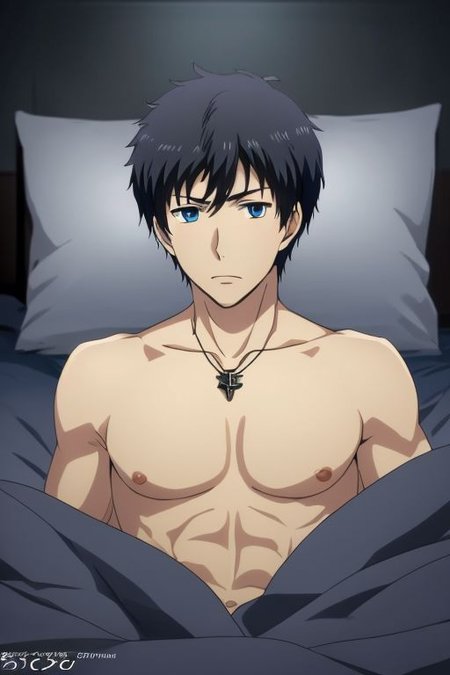high resolution, solo, best quality, 1Boy, Arata Kaizaki, Portrait, Black Hair, Blue Eyes, bedroom, dimly lit, pillow, blanket, necklace, upper body quarter, shirtless, sixpack, horny, OverallDetail