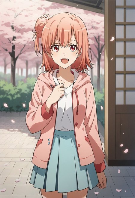score_9, score_8_up, score_7_up, source_anime,yuigahama yui, pink hair, red eyes, single hair bun, 1girl, fang, solo, cherry blossoms, open mouth, petals, hood, smile, skirt