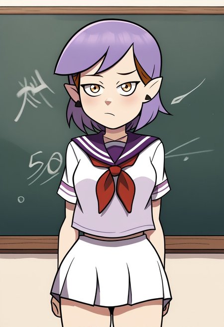deadinsidestyle, chap, 1girl, solo, posing, cowboy shot, in front of black board, japanese school uniform,