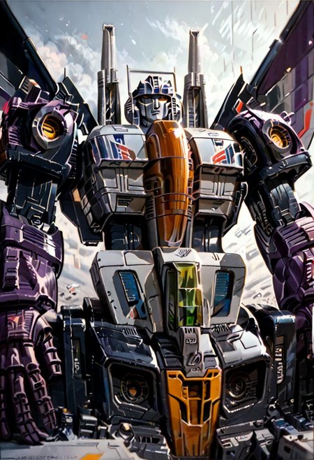score_9_up, score_8_up, score_7_up,score_6_up, view from below, rating_safe, style_comics, transformers g1, ((decepticon))), transformers, starscream, robot with jet wings, green crystal in middle of chest, fans on sides of chest, vents on sides of head, black and purple, model pose,