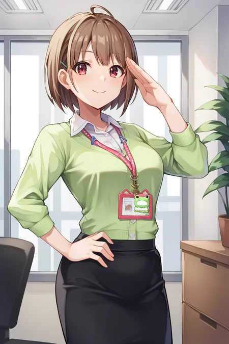 score_9, score_8_up, score_7_up, source_anime, nodokahaurusaki,  <lora:harusaki_nodoka_XL:0.9>, 1girl, solo, brown hair, short hair, ahoge, hairclip, red eyes, medium breasts, office lady, cardigan, green cardigan, white shirt, collared shirt, long sleeves, black skirt, pencil skirt, black pantyhose, lanyard, id card, indoors, office, looking at viewer, smile, closed mouth, salute, hand on own hip, cowboy shot