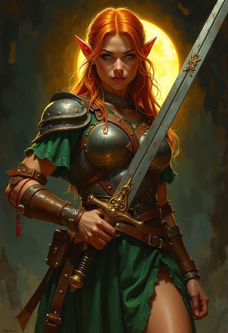 style of Gil Elvgren a (fierce feral) redheaded elf woman posing with large sword. sun beam. green eyes, wearing a leather breastplate over a ragged green dress. pinup art. dark background