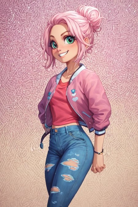 score_9, score_8_up, score_8, medium breasts, (curvy), cute, eyelashes,       BREAK, , zzBrooklynn, pink hair, single hair bun, pink jacket, denim pants,  <lora:Brooklynn_Jurassic_Park_PDXL_v2:0.6>, , BREAK, smile, looking at viewer, cowboy shot, embedding:zPDXL, Expressiveh, <lora:PrismaIllya_PDXL_v3:0.8>,  <lora:SDXLFaeTastic2400:0.5>,  <lora:Expressive_H-000001:0.4>,