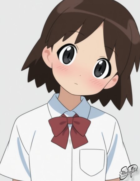 Sh1w4su, short hair, brown hair, 1girl, black eyes, masterpiece, best quality, amazing quality, very aesthetic, newest, scenery, uncensored, 1girl, solo, looking at viewer, blush, simple background, shirt, white background, ribbon, closed mouth, school uniform, white shirt, upper body, short sleeves, collared shirt, bowtie, grey background, red bow, red ribbon, head tilt, dress shirt, neck ribbon, expressionless, wing collar, red bowtie, pocket, dot nose, breast pocket