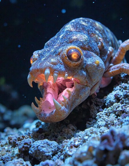 An extremely dark photograph of a horrific deep sea creature, captured at extreme depths of the ocean with bioluminescent features and sharp fangs. National geographic photography.
