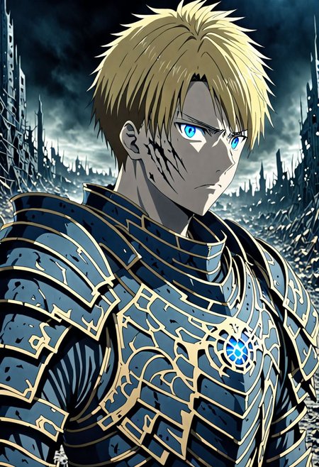 high resolution, solo, best quality, 1Boy, Yamato Ishida, Blond Hair, Blue Eyes, Necklace, dystopia, serious looking, armor, fantasy, OverallDetail