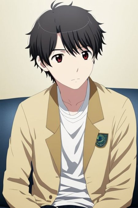 high resolution, solo, best quality, 1Boy, Portrait, Inaho Kaizuka, Black Hair, deep talk, helpless, sit, couch,