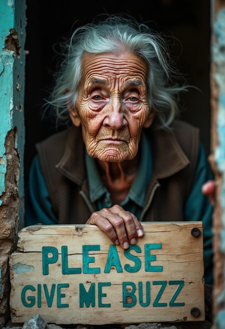 n elderly woman with deeply wrinkled, weathered skin is captured in a close-up using a 50mm Panavision Prime lens, revealing every intricate detail of her face. Dramatic lighting casts heavy shadows, highlighting the sorrow and exhaustion etched into her features. Her eyes, full of suffering, speak to years of hardship. The background, softly blurred, suggests a decaying slum with crumbling walls and debris. At the lower part of the image, a cracked wooden panel with rusted nails holds bold, capital letters carved into the wood, reading ‘PLEASE GIVE ME BUZZ.’ The text, in a pastel color, blends with the wood grain, intensifying the gritty, distressed atmosphere, adding an ironic contrast to the somber mood.”