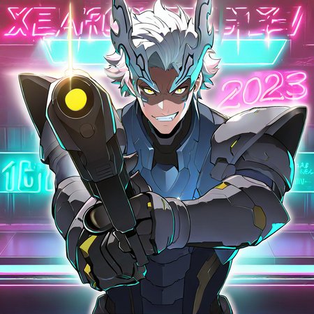 highres, best quality, masterpiece, very aesthetic, newest, year_2024, year_2023, year_2022,<lora:DorugoramonIllustrious:1>, dorugoramon,solo, 1boy,pointing gun at viewer,male focus,white hair,yellow eyes,armor,grin,smug,indoors,neon lights,cyberpunk,bar,shaded face