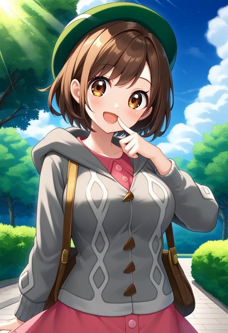 score_9, score_8, score_7_up, source_anime, (nsfw:1.0), BREAK, 
cute 1girl, shiny_skin, (large breasts), skinny body, brown_hair, brown_eyes, tareme, green_headwear, hooded_cardigan, pink_dress, 
angle:random, 
smile, pointing own mouth,  
outdoors, light particles, light rays, park, blue sky,