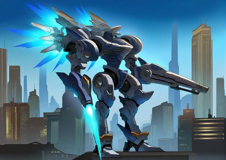 sfw, masterpiece, best quality,absurderes,no humans,arm cannon,dorugoramon mecha,thrusters,solo,robot focus,outdoors,city,cyberpunk 2077  <lora:DorugoramonIllustrious:0.9>