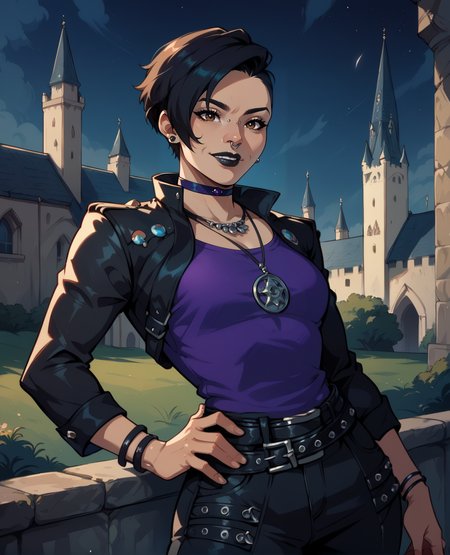 score_9,score_8_up,score_7_up,score_6_up,
nicoxl,piercing,nose piercing,black hair,hair to side,black lips,short short hair,brown eyes,
earrings,necklace,leather jacket,purple shirt,belt,black pants,bracelet,choker,
standing,light smile,hand on own hip,
night,outside,cathedral,wall,<lora:nicoXL:0.8>,