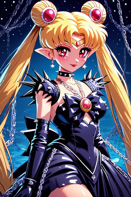 score_9, score_8_up, score_8, medium breasts, (curvy), cute, eyelashes,       BREAK, ,  ,,, <lora:CruelMoon_PDXL:0.8>, zzCruelMoon, long hair, twintails, tsukino usagi, blonde hair, jewelry, hair bun, double bun, sailor moon, very long hair, choker, chain, spikes, gothic, parted bangs, red eyes,  earrings, dress, makeup, holding, necklace, lipstick, black dress, pointy ears, night, ,,, , BREAK, smile, closed mouth, looking at viewer, cowboy shot, ,,, embedding:zPDXL, Expressiveh, ,,, <lora:Konpeto_PDXL_v3:1.0>, <lora:SDXLFaeTastic2400:0.5>, <lora:Expressive_H-000001:0.4>,