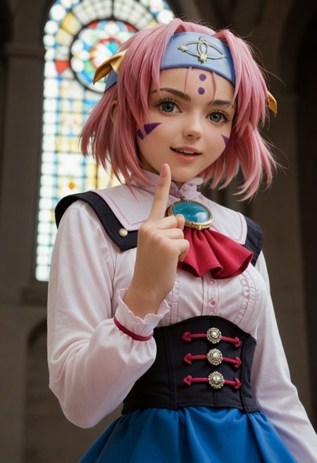score_9, score_8_up, score_7_up, score_6_up, score_5_up, score_4_up, source_anime, Rati, pink hair, long sleeves, facial mark, short hair, blue eyes, brooch, blue skirt, headband, Ascot, (ass), pointing finger at you laughing,
viewed from below
gothic church of black stone, red skies