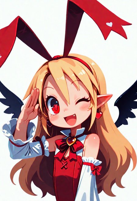 masterpiece,best quality,amazing quality, newest, very awa, Smooth, no lineart, no outline, very aesthetic, Flatline, Flat vector illustration, flat colors, Colorful themes, High Saturation, haiz_ai, orenji,
.
1girl, solo, eyelashes, (beautiful eyes), upper body, Fallen Angel Flonne, 1girl, solo, long hair, looking at viewer, smile, open mouth, blonde hair, red eyes, white background, bow, ribbon, jewelry, heart, hairband, earrings, detached sleeves, one eye closed, pointy ears, fang, leotard, salute, red leotard, heart earrings, from above, dynamic pose, cowboy shot, smile, looking at viewer, shiny skin, ,