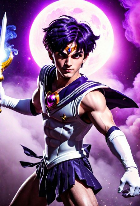 League of Legends, 1male, male focus, riot style, digital art, concept art, realistic, fantasy, 4k, best quality, masterpiece, extremely detailed, very detailed face, very detailed eyes, dynamic angle, seen from the above, dynamic pose, 3D, vintage sci fi poster of a lean male, MAN, MALE, short, gorgeous, stunning, young man, purple hair, medium hair, emo hair, round face, huge plumped lips, big lips, blushed, videogame eyes, shaved beard, man only, mysterious, smirking, wearing a sailor saturn dress, sailor senshi uniform, holding a glaive, flying in space, surrounded by smoke, (cinematic light, volumetric), Cinematic Shot, splash art