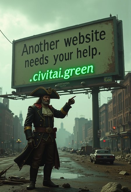 Preston Garvey, the iconic character from Fallout 4, is standing in a ruined, post-apocalyptic version of Boston. He’s wearing his signature Minuteman uniform—dusty, weather-worn, and complete with a tricorn hat and long coat. His expression is exaggerated, with a comical, meme-worthy smile as he confidently points at a massive, crumbling billboard in the background. The billboard, faded and rusted, still stands tall amidst the destruction. In large, bold letters, it reads, “Another website needs your help.” Below this text, in bright green letters, it says, “civitai.green.” The green text is starkly contrasted against the dreary, decayed surroundings, drawing attention to the humorous message.
The background is filled with remnants of the old world—destroyed buildings, broken streets, and the general desolation that characterizes the Fallout universe. The sky is overcast with a sickly greenish hue, adding to the grim atmosphere. However, the scene is lightened by the absurdity of the situation, with Preston’s exaggerated smile and the out-of-place billboard message adding a layer of dark humor. A few remnants of pre-war civilization, like an old car and some fallen street signs, litter the foreground, further emphasizing the post-apocalyptic setting.