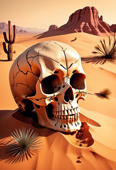 Award winning illustration of a skull in a desert