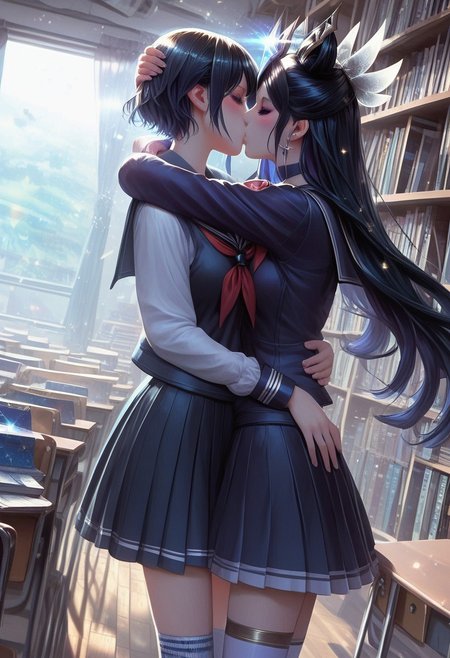 score_9, score_8_up, score_7_up, source_anime, <lora:Fixhands_anime_bdsqlsz_V1:1>, <lora:Expressive_H:0.7>, Expressiveh,
masterpiece, highres, ultra detailed, best quality, extremely detailed face, perfect lighting,
beautiful skin, shiny hair, shiny eyes, eyelashes, detailed eyes, kiss, closed eyes, blush, long hair,
multiple girls, 2girls, yuri, school uniform, skirt, serafuku, pleated skirt, socks, long sleeves, couple, sailor collar, kneehighs, school, library, bookshelf, book, short cut, standing, hug, neckerchief, light particles:1.5, indoors, cowboy shot, 
<lora:daisyuki_pony_V1.0:0.7>, daisyuki, girl 1 is prestige star guardian syndra
