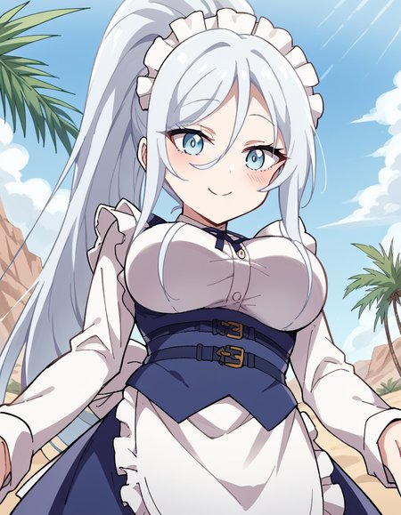 score_9, score_8_up, score_7_up, source_anime, <lora:sylpha-langlis-s1-ponyxl-lora-nochekaiser:1>, sylpha langlis, long hair, blue eyes, hair between eyes, ponytail, white hair,, large breasts, apron, maid, maid headdress, maid apron, frills, long sleeves,, oasis, water, palm trees, desert, life, smile, <lora:lap-pov-ponyxl-lora-nochekaiser:1>, lap pov, lap pillow, from below, ceiling, looking down, pov, blush, smile,, looking at viewer, solo,, dutch angle, cowboy shot