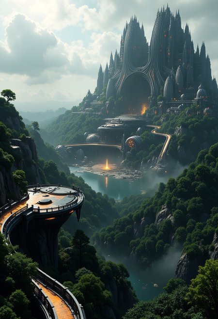 The image is a highly detailed CGI rendering of a futuristic, sci-fi cityscape set in a lush, misty valley. The central focus is a massive, imposing structure resembling a stylized, inverted V-shaped spaceship or cathedral, with two symmetrical wings stretching outward. This structure, bathed in a warm, ethereal light from the sky above, stands atop a hill overlooking a serene lake. The building's façade is a blend of modern and futuristic architectural elements, featuring intricate, metallic lattice patterns and glowing windows. The structure's design is sleek and aerodynamic, with a large central archway and smaller, secondary archways on either side, all radiating a sense of grandeur and technological sophistication. The structure's surface reflects the natural surroundings, suggesting a harmonious integration of nature and technology. In the foreground, a winding, elevated walkway lined with lush, verdant foliage and dotted with small figures, likely humans, suggests a bustling, futuristic cityscape.