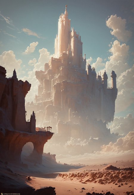 score_9, score_8_up, score_7_up,   unfazed_styltwil, concept art, realistic,,

A landscape of tall dunes in a desert the stretches to the horizon. The sun is just rising above the horizon, painting the sky in vivid hues and lighting the dunes and the sand. Epic clouds catch the sunlight and a storm seems to be building in the distance. The dunes move like waves. A walking castle strides the dunes, huge and strange.

