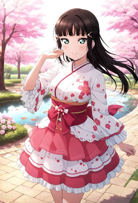masterpiece, best quality, solo, 1girl, happy, aged up,
 dia_kurosawa, kurosawa_dia, long hair, bangs, black hair, hair ornament, green eyes, sidelocks, hairclip, blunt bangs, mole, mole under mouth, medium breasts, skirt, frilled sleeves, layered skirt, traditional Japanese idol outfit, floral kimono patterns, hairpin with sakura charm, serene garden, stone path, koi pond, cherry blossoms in bloom, peaceful daytime setting, refined and elegant atmosphere