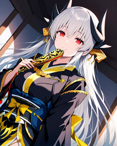 KiyohimeFateGrandOrder,
KiyohimeBR3rdAscension,
1girl, solo, dutch angle, upper body,
long hair, straight hair, white hair, grey hair,
red eyes,
horns, hair ornament,
light smile,
holding fan, folded fan fan,
black kimono, tassel, gold trim,
long sleeves, large breasts, obi,
room,
<lora:kp_KiyohimeFateGrandOrderAnimagineXL_v1_0:1.0>,
BREAK
masterpiece, best quality, absurdres, 
ultra-detailed, moody lighting,
depth of field,