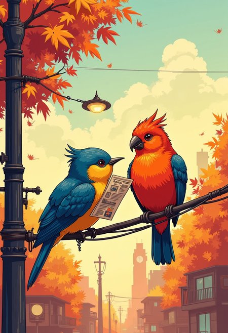 birds sitting on a telephone line reading newspaper.
Neon autumn color palette 
A digital artwork in the style of cknc