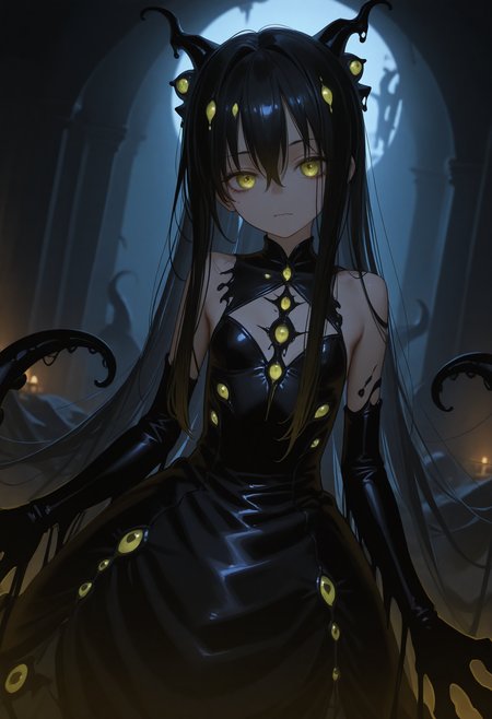 ((dutch angle)),bare shoulders,(solo),(Fantasy creatures),((Chinese black Tentacle girl)),Black markings,(black Tentacle cat),((solo)),beautiful and delicate golden eyes,Huge claws,(the all seeing eyes) Big and strong,Diabolical,Tyrannica,(Shoggoth girl:1.3) <lora:EL3GY-V15_purged:0.4> <lora:[Style]_Hara_ID_21_[Illustrious-XL]:1> <lora:SocratesaxStyle2-000009:0.3> <lora:HonnryouHanaru-Style:0.3> <lora:moyu:0.3> <lora:lightingSlider:-1> <lora:None:1.0>