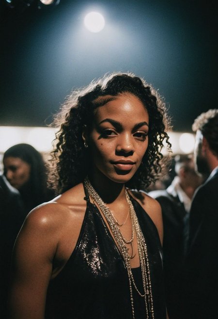 (gritty analog photo:1.2), candid (snapshot:1.2) of a sophisticated and cool 22-year-old biracial female hip-hop artist from Brooklyn backstage at a concert venue, natural skin texture, realistic skin texture, (skin pores:0.8), (skin oils:0.8), behind the scenes snapshot, high contrast, deep shadows, hires, highly detailed, Rembrandt lighting, low key lighting, (film grain:1.2), the picture conveys effortless coolness, polaroid style, monochrome