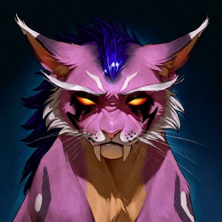 <lora:WoW_NEDruidCat_a1_1_NoobXL-eps>masterpiece,semi-realistic forms of felines,best quality,amazing quality,high quality,very aesthetic,absurdres,newest,shaded,digital media \artwork\,depth of field,wownedrucat,solo,feral,detailed cat,white blank eyes,transparent sclera,glowing with yellow eyes,full size portrait,dark blue eye markings,shoulder markings, a little opened mouth,sabertooth,side view,pose,Pink Gray Color fur,raspberry glace color hair,sad face,sitting,sad eyes, ears pressed back in fear, head looking at the viewer,eyes looking to the side,long realistic ears, ultra detailed realistic feline face, elegant white whiskers,  silver neclace with metallic buckle, fluffy hair that lays only on the back and forehead,darken ash color ears, light peach color nose,