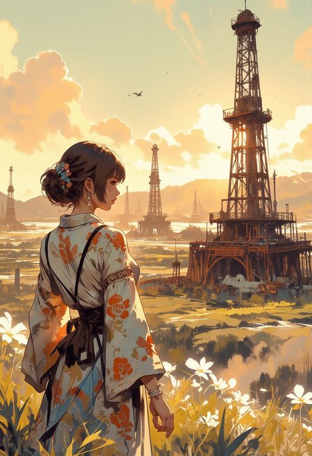 Mh1$AgThS2, intricate linework with expressive contrasts, soft lighting with dynamic highlights, Japanese woman in a floral-pattern summer dress looking at a rusted antiquated oilfield with oil derricks, landscape, sunset. Impressionistic, ligne claire outlines for clarity and structure, In the style of ff-td
