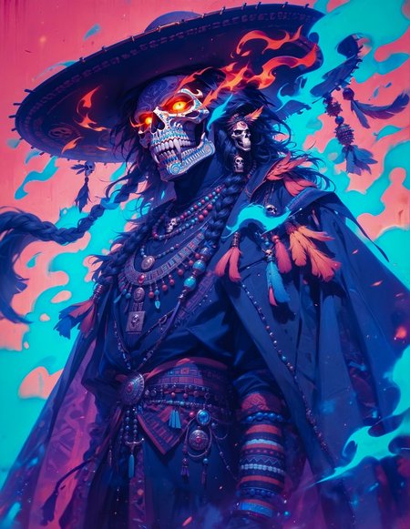 (score_9, score_8_up), score_7_up, 1boy, black clothing, mature male, manly, villain, black hair, sugar skull, skull mask, mask, skull paint, black gloves, mariachi, black coat, poncho, jewelry, necklace, beads, poncho, feathers, dragon, chaotic, fang, braided hair, glowing, long coat, intricate patterns, bright colors, pastels, Hacienda, Huichol Art,  purple theme, sombrero, fire,
dark, blurry background, dof, depth of field, detailed line work, low key, dramatic lighting, neon colors, Aztec, Mesoamerican, Mexican folk art, traditional Mexican symbols, Aztec sun, glowneon, glowing
<lora:sdxl_lightning_8step_lora:1>  <lora:masky-000009:0.4><lora:glowneon_xl_v1:0.6><lora:CulturePunkAI_1:0.5><lora:Dark_Anime:0.2><lora:CINE:0.3>