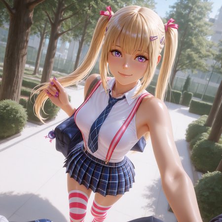 (masterpiece, best quality,solo,pov:1.4),highres,illustration,8k,Ultra_realistic,(foreshortening,  collarbone),(shiny_eyes,sparkling_eyes,smile,hug:1.2),
Asuka Anders,striped clothes,thighhighs,twintails,purple eyes,blonde hair,striped thighhighs,suspenders,necktie,skirt,sleeveless,plaid skirt,marie rose,feet,hair ornament,hairclip,school uniform,plaid,upskirt,long hair,long hair,pleated skirt,purple nail polish,collared shirt,sleeveless shirt,bag,zettai ryouiki,
medium breasts,bouncing breasts,outdoors,school,tree,bush,<lora:aidmaImageUpgrader-v0.3-IL:0.6>,<lora:Asuka_Anders(IL):0.85>,