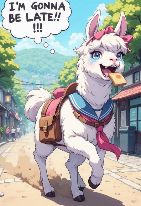 A detailed colorful anime illustration. An alpaca in sailor style uniform, with a pink bow on head and a schoolbag, is running sideways on al fours. It is biting a slice of bread in its mouth. The alpaca is shouting a bold black text: "I'm gonna be late!!!" with grin. Tears flow out from its eyes. Dust kicked up beneath its hooves. It is a sunny day, it is running in a Japanese styled town.  fca_style