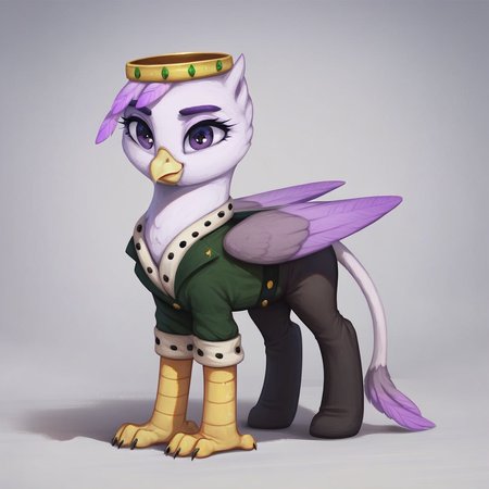 masterpiece, score_9_up, score_8_up, score_7_up, score_6_up, (best quality:1.1), ultra-detailed, high resolution, solo, Taillow Sumpfkiel, countess, griffon, griffon oc, mlp, avian, feral, female, (((beautiful detailed purple eyes))), long eyelashes, purple eyebrows, yelow beak, wings, closed mouth, smile, white feathers, feathery ears, pink feather hair, modest gold crown, green royal clothes, white collar with black dots, detailed facial features, full body, expressiveh, simple background, highly visible, sharp focus, anatomically correct