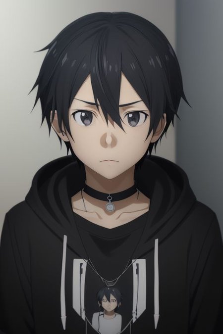 high resolution, solo, best quality, 1Boy, Kazuto Kirigaya, portraits, Black Hair, Black Eyes, bangs, necklace, choker, hair between eyes, Hoodie, OverallDetail