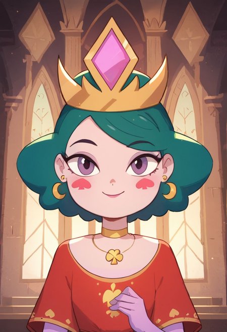 score_9, score_8_up, score_8, Eclipsa Butterfly, green hair, short hair, purple eyes, red spade blush stickers, golden moon earrings, necklace with golden clover, gold crown with pink jewelry, red dress with white bottom, yellow shrug, light purple gloves, 
upper body, closed mouth, in palace, vivid colors, looking at viewer, smile,