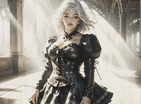 score_9, score_8_up, score_7_up, character portrait, angled, woman, pale skin, huge breasts, <lora:sm0k3XLP:1>, <lora:goth_clothes:1>, lace-up cords, corset, black combat boots, Black hair, white highlights, <lora:Our_Muted_Future_Style:1>,  <lora:0780 light rays_v1_pony:1> ruanyi0780, light rays, light, sunlight, sunbeam,