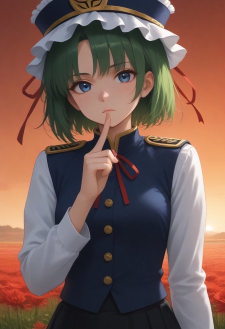 1girl, solo, solo focus, highres, absurdres, shikieiki, green hair, frilled hat, blue eyes, blue headwear, short hair,
long sleeves, black skirt, white shirt, blue vest, red ribbon, epaulettes, small breasts, arm ribbon, buttons, 
looking at viewer, head tilt, expressionless, hand up, 
red spider lily, flower field, red sky, backlighting,