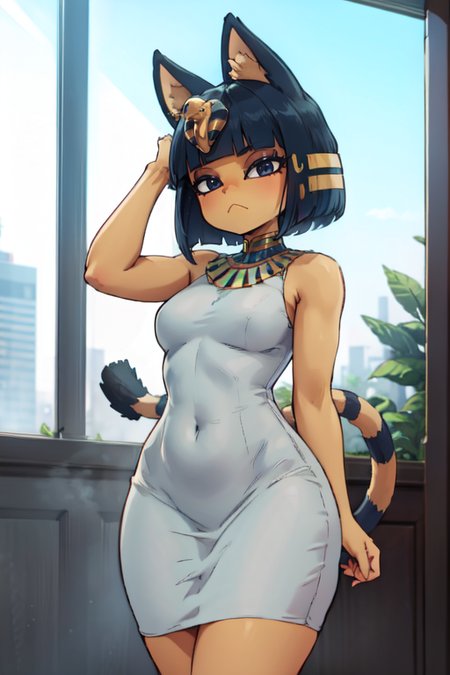 (ankha, ((petite, short)), 1girl, wide hips, tail), <lora:Ankha_v2_RT_e6_R-128:0.9>, (masterpiece:1.2, best quality:1.2, beautiful, high quality, highres:1.1, aesthetic), detailed, extremely detailed, ambient soft lighting, 4K, perfect lighting, (dongtan dress),  <lora:dongtan_dress:0.7>