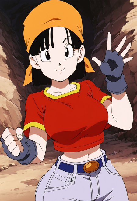 masterpiece, best quality, solo, curvy, beautiful eyes, aged up, large breasts, narrow waist, wide hips, 1girl, solo, smile, looking at viewer, foreshortening, close up,    zzPan, black hair, short hair,  bandana, fingerless gloves, red shirt, denim jeans,   ,<lora:PanDBGT_IXL:1.0>,dynamic pose, cowboy shot, smile, looking at viewer, shiny skin,