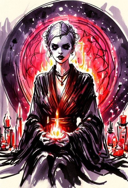 inksketch,
a grim faced young woman wearing a black robe, buzzcut, lipstick, magic circle, sorceror, crystals, portal, lighting, fire, mist, ritual,