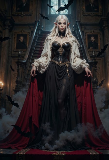 close up, highly detailed. A vampiric figure, standing in an imposing, gothic interior, likely the grand staircase of a dark, aristocratic mansion. The character exudes an air of elegance and supernatural power, with pale, porcelain-like skin and flowing white hair cascading down her back. Her pointed ears and red eyes confirm her vampiric nature, and her fangs are subtly visible, adding to the sense of danger. She wears a refined outfit: a ruffled white blouse with voluminous sleeves, combined with a dark corset and a flowing black skirt, adorned with a deep red cape that adds a regal touch to her appearance. Her posture is poised, with her arms raised as though she is conjuring or commanding the dark mist swirling around her. The shadowy fog at her feet envelops the scene, from which black bats are emerging, flying into the air as if summoned by her will. These bats further enhance the gothic and supernatural atmosphere of the scene. The setting is dimly lit, with the red carpeted stairs and shadowy portraits on the walls contributing to the haunting and aristocratic ambiance. The image evokes a sense of dark beauty and mystery, portraying the character as a powerful, enigmatic vampire, possibly the matriarch of this eerie and grand domain.