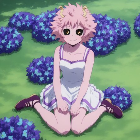 score_9, score_8_up, score_7_up, slimes_minaashido, 1girl, purple sundress, smiling, sitting in grass, meadow with blue flowers background, vibrant, detailed face, detailed eyes, cute